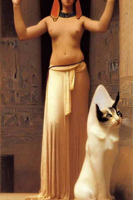 Image similar to bastet, in an egyptian temple, painting by william adolphe bouguereau