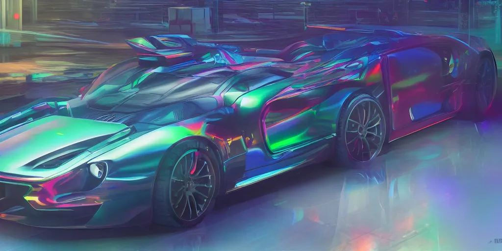 Image similar to full view of a sport car from GTAV, painted in any bright colors holographic pearlescent, elegant, digital painting, concept art, smooth, sharp focus, art style from Wang Ke and Greg Rutkowski and Bruce Kaiser and Scott Robertson and Dmitry Mazurkevich and Doruk Erdem and Jon Sibal, small style cue from Blade Runner