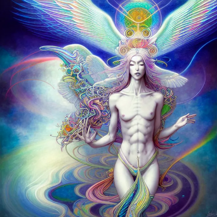 Prompt: psychedelic angelic celestial being by yoshitaka amano, and peter mohrbacher, ayahuasca, sacred geometry, esoteric art, rainbow colors