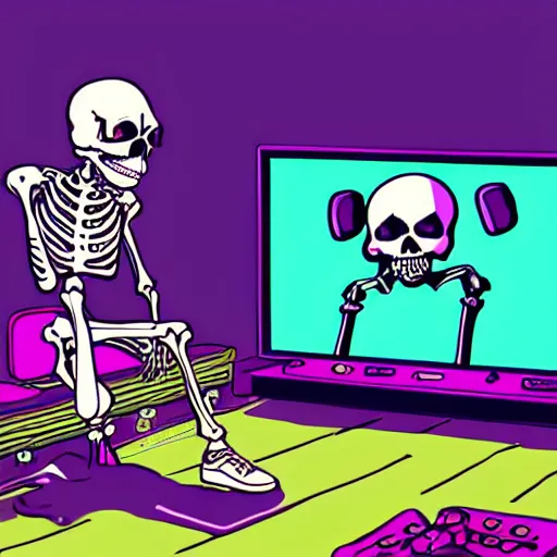 Image similar to a skeleton playing video games, it is visibly angry at the tv, detailed, outrun, synthwave, vaporwave