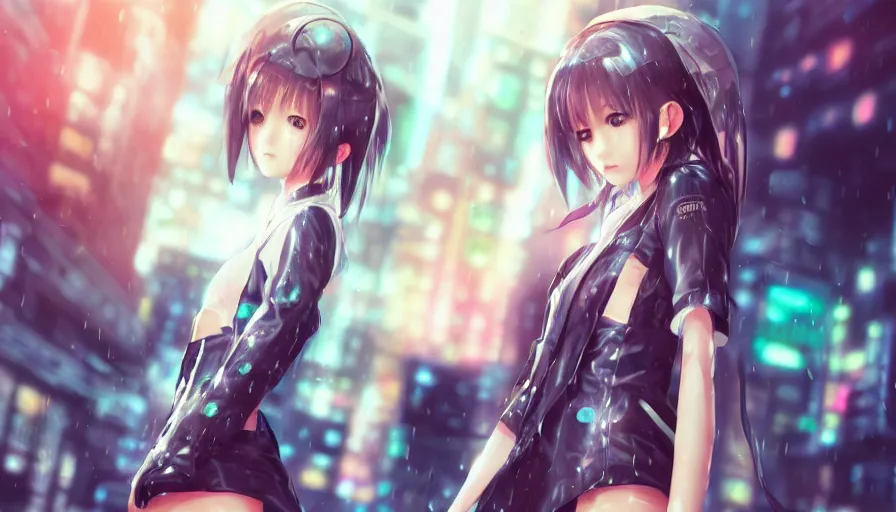 Prompt: cute anime girl in a cyberpunk city by wlop, heterochromia, closeup, short minidress, light clothing, light rain, hyper real, detailed digital art, hatsune miku