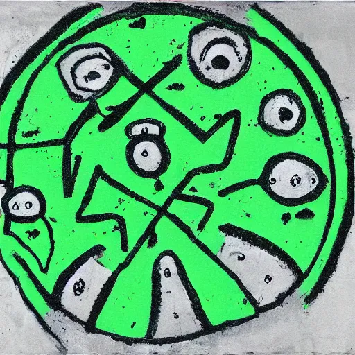 Prompt: fluo green cave painting of cross and ufos