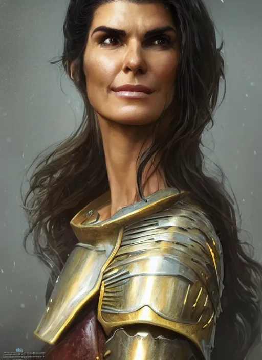 Prompt: portrait of angie harmon as a legendary knight warrior, au naturel, hyper detailed, digital art, trending in artstation, cinematic lighting, studio quality, smooth render, unreal engine 5 rendered, octane rendered, art style by klimt and nixeu and ian sprigger and wlop and krenz cushart.