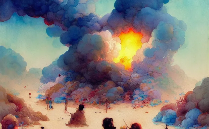 Prompt: explosion made of cotton, beach, fantasy, intricate, amazing composition, colorful watercolor, by ruan jia, by maxfield parrish, by marc simonetti, by hikari shimoda, by robert hubert, by zhang kechun, illustration, gloomy