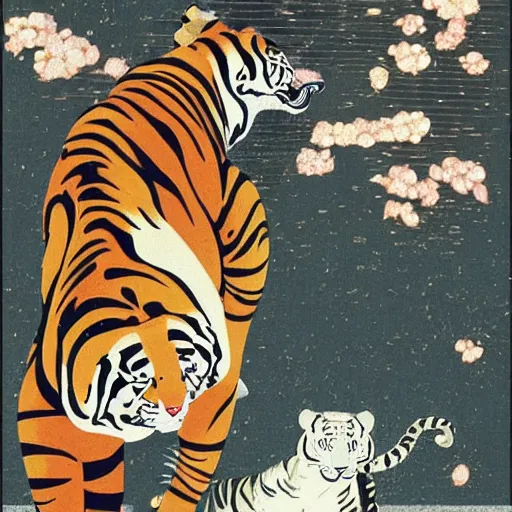 Image similar to a delorean protecting a tiger, japanese magazine collage, art by hsiao - ron cheng and utagawa kunisada