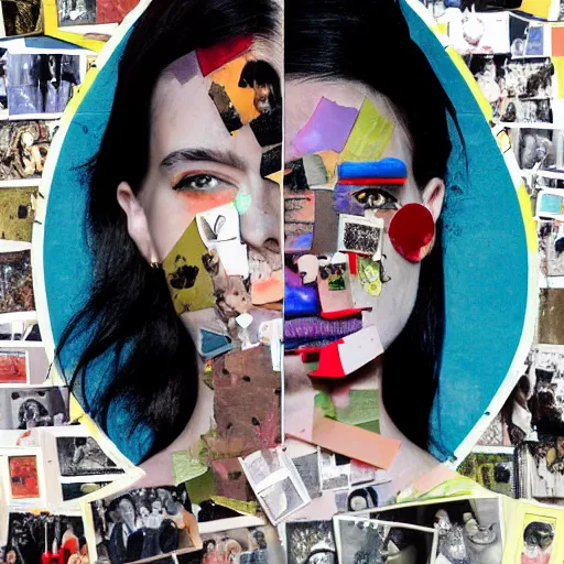 Image similar to a chaotic collage made out of fragments of printed images taken from the internet, fashion magazines, and family photographs all coming together to form hybrid faces with twisted features in the Dadaesque style, mixed media