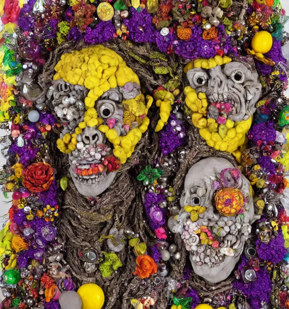 Image similar to bodyshot of a trickster nature spirit, zombie rock star, head made of fruits and crystals and flowers in the style of guiseppe arcimboldo, john currin, deep focus, fantasy, surreal, detailed, pop art, action figure, clay sculpture, gray and yellow and purple, rainbow stripe background