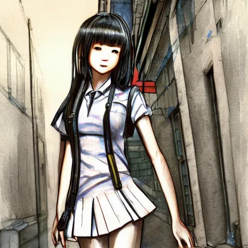 Image similar to an ultra-detailed perfect, realistic professional digital sketch of a Japanese schoolgirl posing in a sci-fi alleyway, style of Marvel, full length, by pen and watercolor, by a professional American senior artist on ArtStation, a high-quality hollywood-style sketch, on high-quality paper