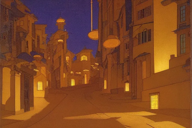 Prompt: winding street at midnight in a very old very beautiful city by George Price Boyce and Nicholas Roerich and Maxfield Parrish, glowing paper lanterns, strong dramatic cinematic lighting , ornate tiled architecture, lost civilizations, smooth, sharp focus, extremely detailed