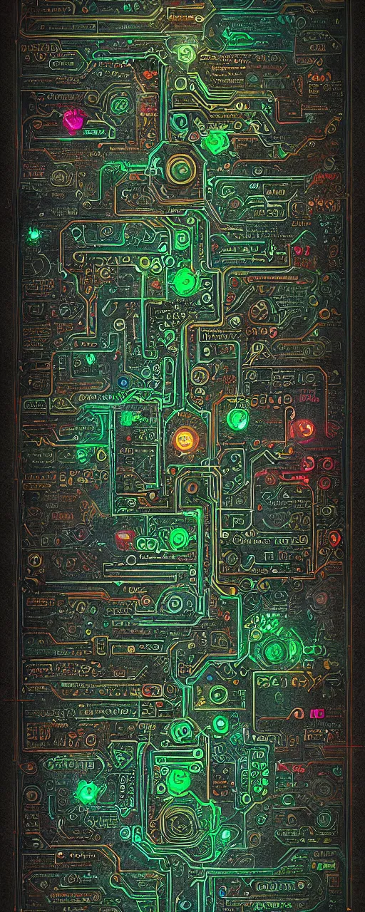 Prompt: a cyberpunk parchment with sketches and matrix rain, ancient text, neon, fractals, recursive, magic, technological, cyberpunk, lovecraft