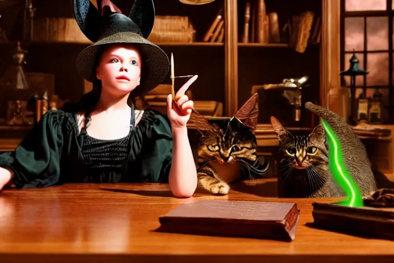 Image similar to close up portrait, dramatic lighting, teen witch calmly pointing a magic wand casting a spell over a large open book on a table with, short hair, cat on the table in front of her, sage smoke, a witch hat cloak, apothecary shelves in the background, still from the wizard of oz