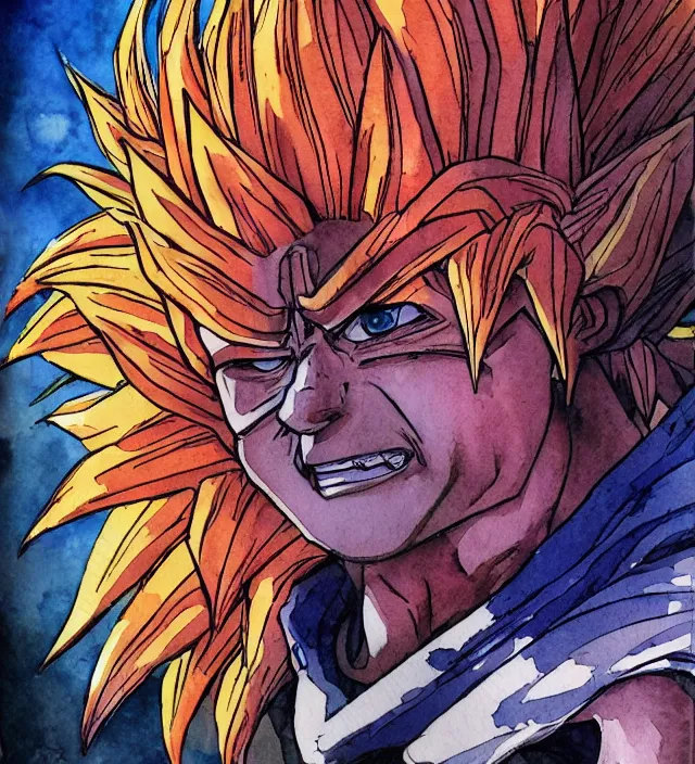 Prompt: a 3 / 4 view watercolor ink painting of super saiyan shaggy in the style of jean giraud in the style of yoji shinkawa in the style of moebius trending on artstation deviantart pinterest detailed realistic hd 8 k high resolution