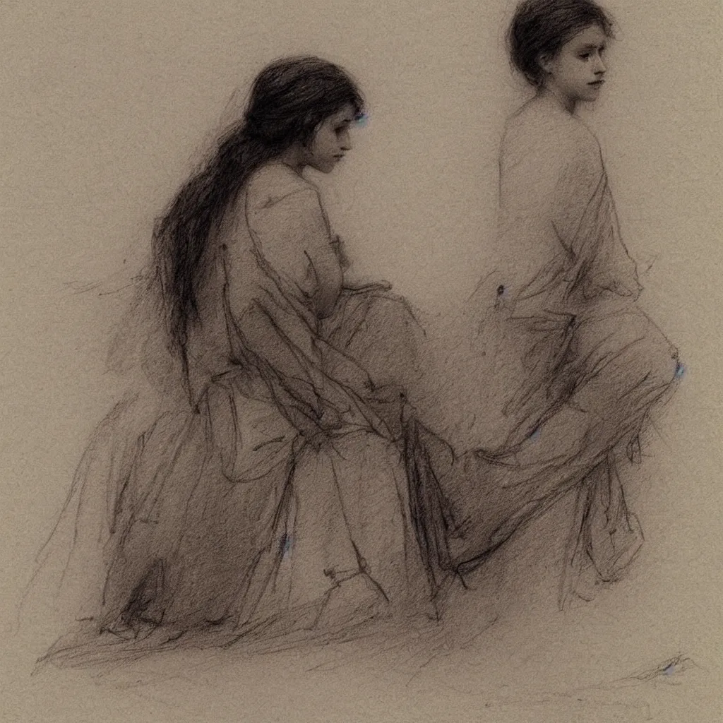 Image similar to a lonely girl by ilya repin. pencil sketch.