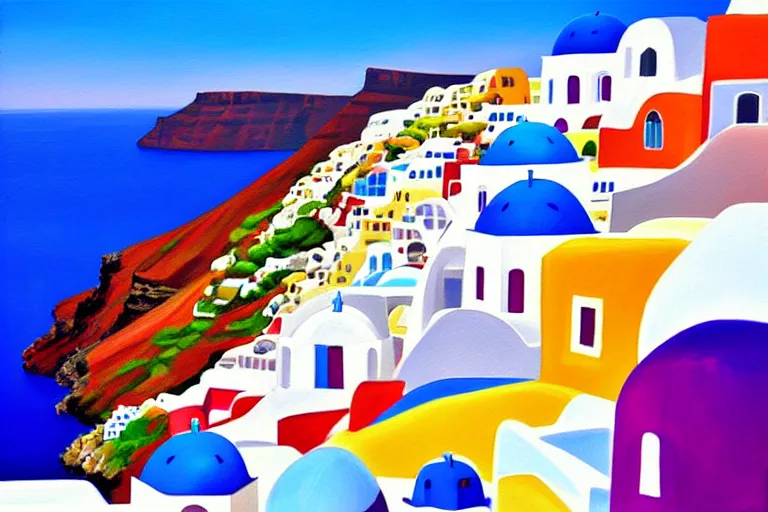 Prompt: santorini landscape, painting by thomas mcknight, trending on artstation, vibrant colors