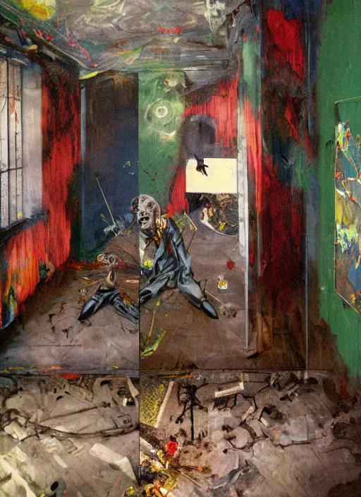 Prompt: two dark figures laughing inside a decayed Romanian motel room, Neo-Gothic, gothic, rich deep colors. intricate artwork in the style of Francis bacon, part by Gerhard Richter, part Edward Hopper and part Petra cortright, highly detailed, very coherent, horror, rich colours