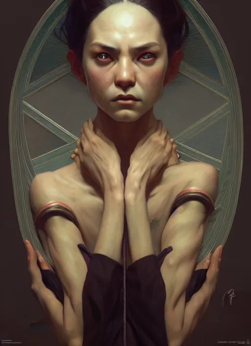 Image similar to symmetry, concept art by artgerm, distance portrait of a hyper realistic, frowning, sad bobby - six - killer from the rebel by greg rutkowski, alphonse mucha, octane render, highly detailed, high quality, 8 k, soft lighting, path traced, and uang guangjian and gil elvgren, symmetry!!