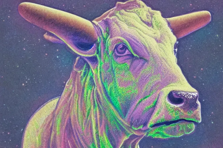 Image similar to ascend portrait of cow, in the style of rick sternbach and mark tedin and alphonse mucha, trending on artstation, soft lights product view crayon art, doge, dark academia, illustrator, impasto