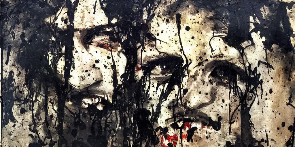 Image similar to an abstract portrait close, peaceful, medium shot, painted by Eugene Delacroix, Antoni Tapies, oil paint, realistic, spot of black melting paint drips all over