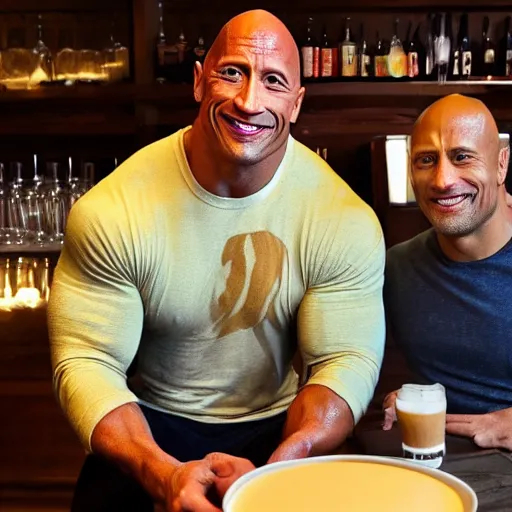 Prompt: dwayne johnson and pepe the frog having a capuccino in a bar, photography, interior, award winning, 8 k