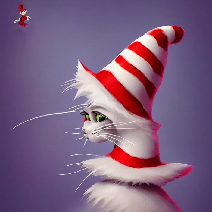 Image similar to complex 3 d render, hyper detailed, ultra sharp, of the cat in the hat, scary, comical, cinematic, natural soft light, rim light, octane render, artstation, art by artgerm and greg rutkowski and alberto seveso, dr seuss