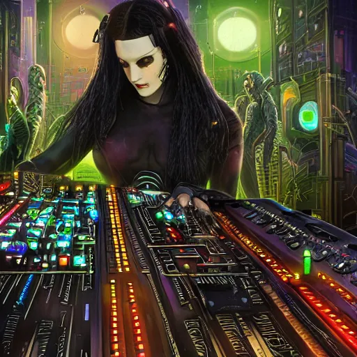 Prompt: cyberpunk goth beautiful woman with gorgeous eyes cyborg playing a cyberpunk moog synthesizer at cyberpunk farmers market by william barlowe and pascal blanche and tom bagshaw and elsa beskow and enki bilal and franklin booth, neon rainbow vivid colors smooth, very fine high detail 3 5 mm lens photo 8 k resolution