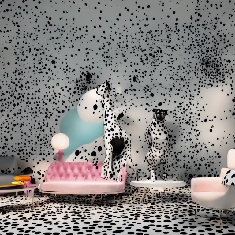 Prompt: vogue photoshoot octane render of 1 0 1 dalmatian with white background, focus bright colorful pastel exotic vintage boutique hotel lounge, very short depth of field, bokeh