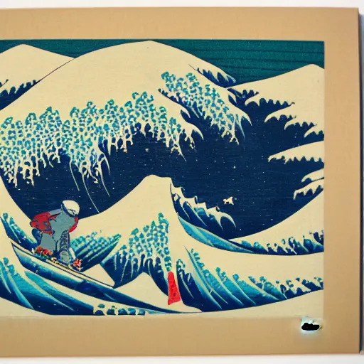 Image similar to snowboarder snowboarding woodblock print, style of hokusai, fine art, style of kanagawa, painting