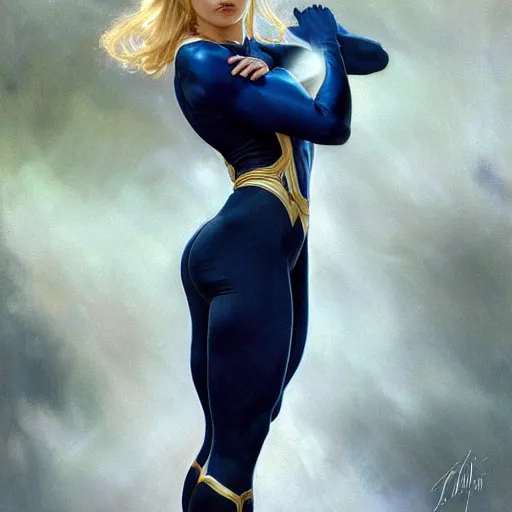 Image similar to a beautiful portrait of a beautiful strong cute young superhero woman, shoulder - length blonde hair, tight solid matte navy blue lycra bodysuit, white cape, body, muscles, intricate, elegant, 8 k, highly detailed, digital painting, concept art, smooth, sharp focus, illustration, by artgerm greg rutkowski alphonse mucha loish wlop