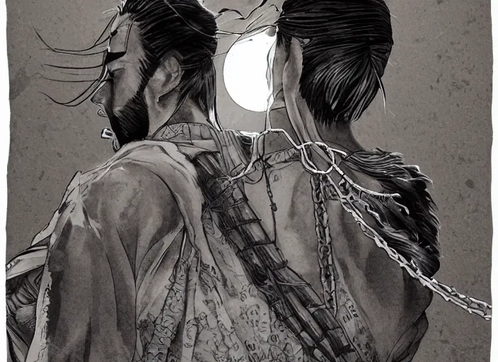 Image similar to A PORTRAIT FROM BEHIND OF A SAMURAI MAN VAGABOND WITH A MOON BEHIND HIM ,THE SAMURAI IS WRAPPED IN CHAINS, manga,detailed, studio lighting, gradation,editorial illustration, matte print, concept art, ink style tattoo sketch digital 2D