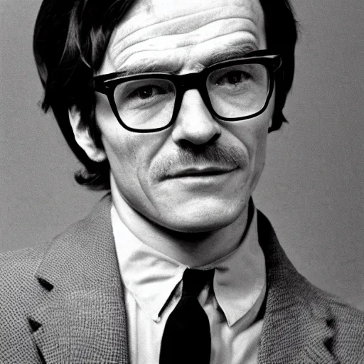 Prompt: A photograph portrait of a young Bryan Cranston with short-medium length hair with bangs wearing late 1960s menswear and glasses in the late 1960s, taken in the early 1960s, grainy, taken on a 1960s Kodak Camera, realistic, hyperrealistic, very realistic, highly detailed, very detailed, extremely detailed, detailed, digital art, trending on artstation, colorized photo