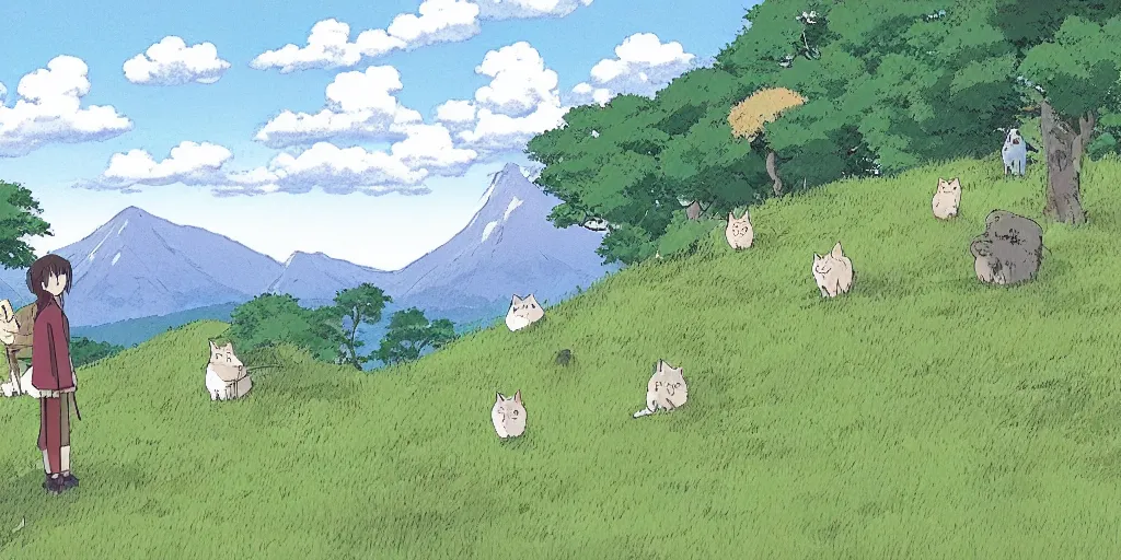 Prompt: a peaceful mountain overlooking a field, many cats, studio ghibli