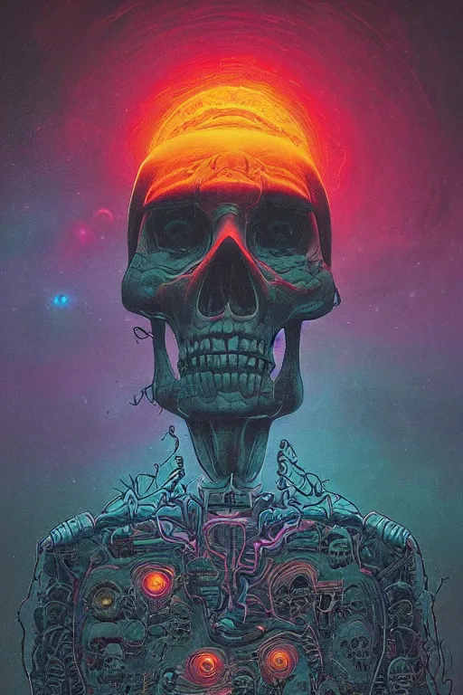 Prompt: 4K Indigenous cyberskull portrait inspired in beksinski and dan mumford work, remixed with Simon Stalenhag work, sitting on the cosmic cloudscape