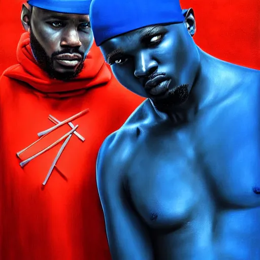 Image similar to crips vs bloods, uhd, painting, 8 k by emanuele dascanio and robin eley