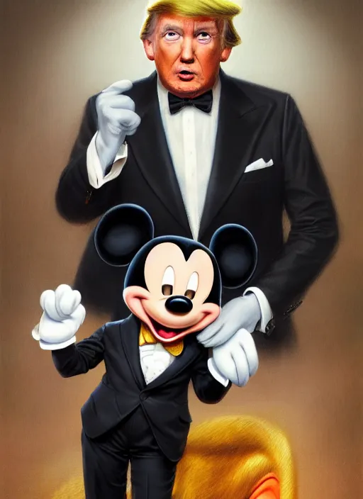 Prompt: formal portrait of mickey mouse as donald trump, digital art by eugene de blaas, ross tran, and nasreddine dinet, vibrant color scheme, intricately detailed, in the style of romanticism, cinematic, artstation, greg rutkowski