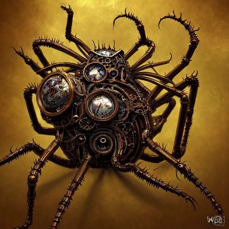 Prompt: steampunk spider, biomechanical, very coherent symmetrical artwork, horror, 3 d model, unreal engine realistic render, 8 k, micro detail, intricate, elegant, highly detailed, centered, digital painting, artstation, smooth, sharp focus, illustration, artgerm, tomasz alen kopera, by wlop