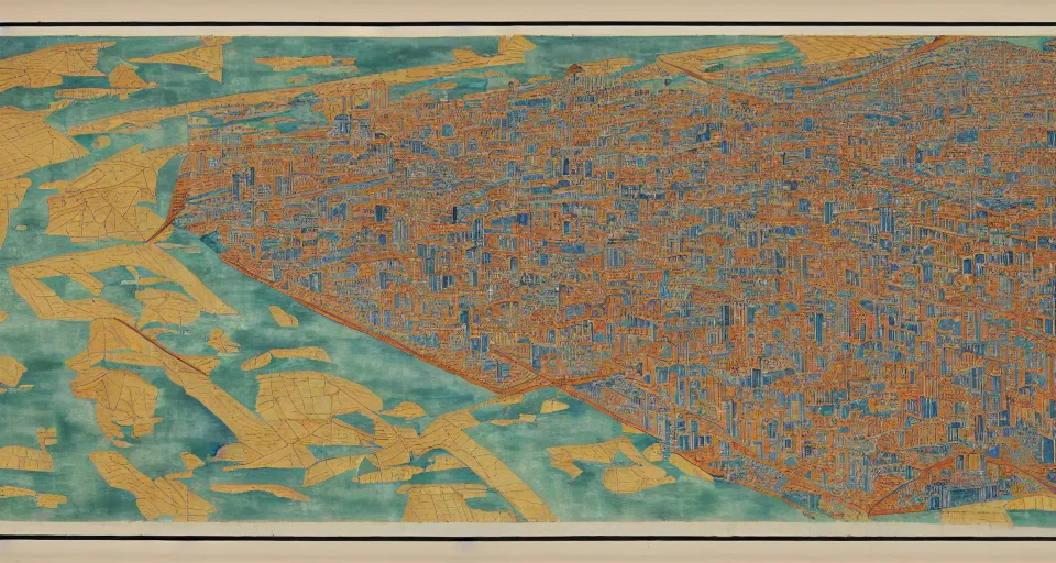 Image similar to 3 d isometric information map of a city island. time series charts, pie plots and other modern dashboards. diego rivera, egon schiele, ( ukiyo - e influence ). hyperdetailed.