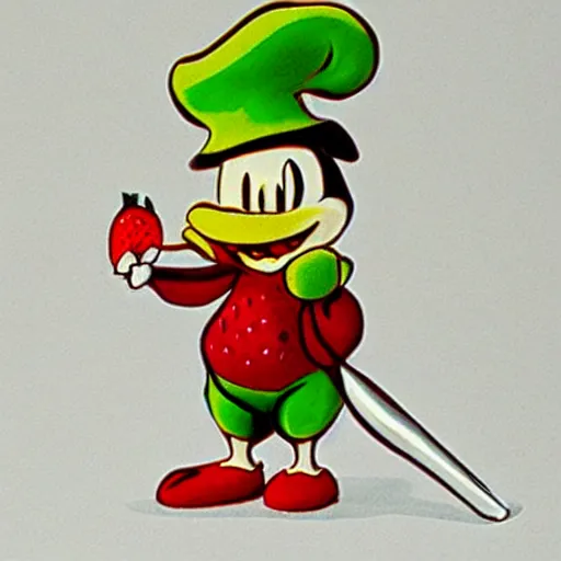 Prompt: a cute strawberry with two front teeth, holding a yellow toothbrush, in the style of carl barks