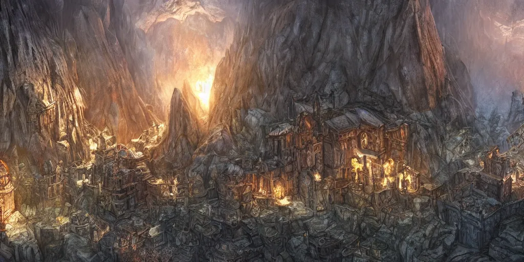 Image similar to An underground dwarven city as Far Cry 4 concept art, cavern, beautiful, dwarven architecture, concept art by Viktor Vasnetsov, concept art, Lord of the Rings Moria, dark lighting, soft pastel by Ivan Shishkin, Dimitri Desiron and Antonio Lopez Garcia, hyperborea, high resolution, trending on artstation,