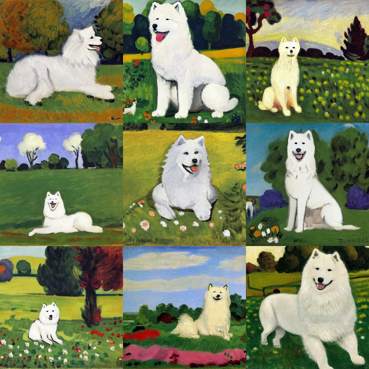 Prompt: a samoyed dog sitting in the middle of sunny meadow, by kees van dongen