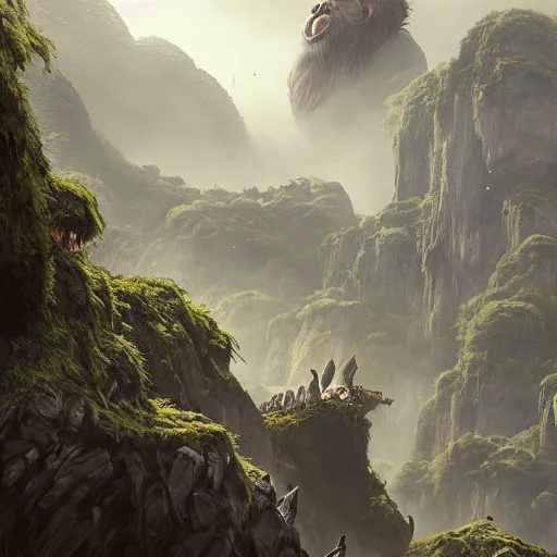 Image similar to King Kong in the Dangerous Skull Island, fantasy art, in the style of greg rutkowski, illustration, epic, fantasy, intricate, hyper detailed, artstation, concept art, smooth, sharp focus, ray tracing