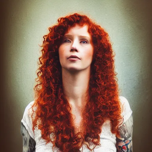Prompt: Lydia (curly redheaded tattooed modern mage) parts the veil of the multiverse to see into the possible futures. HD portrait photography full face.