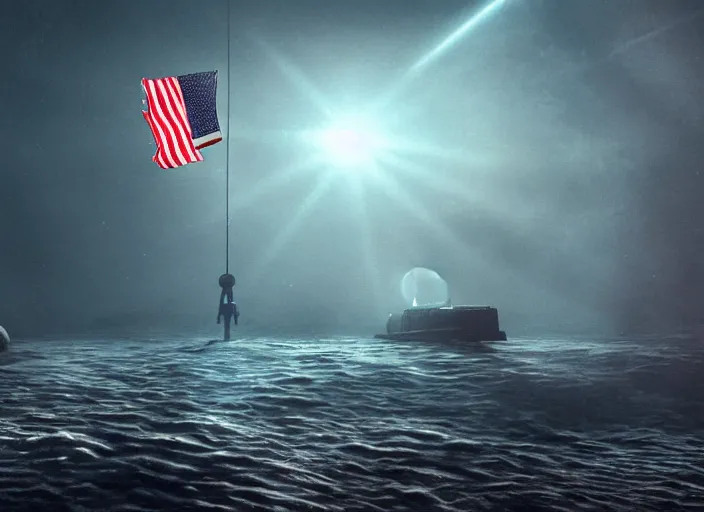 Image similar to astronaut holding a flag in an underwater desert. a submarine is visible in the distance. dark, concept art, cinematic, dramatic, atmospheric, 8 k, trending on artstation, blue, fish, low visibility, light rays, extremely coherent, bubbles, fog, ocean floor, christopher nolan, interstellar