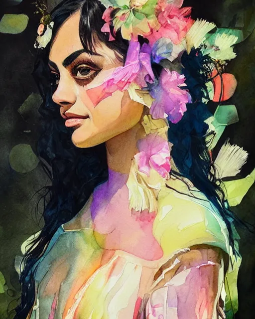 Prompt: watercolor portrait of camila mendes wearing a frilly dress, romantisism, outrun, pastel painting, dramatic, detailed, by android jones