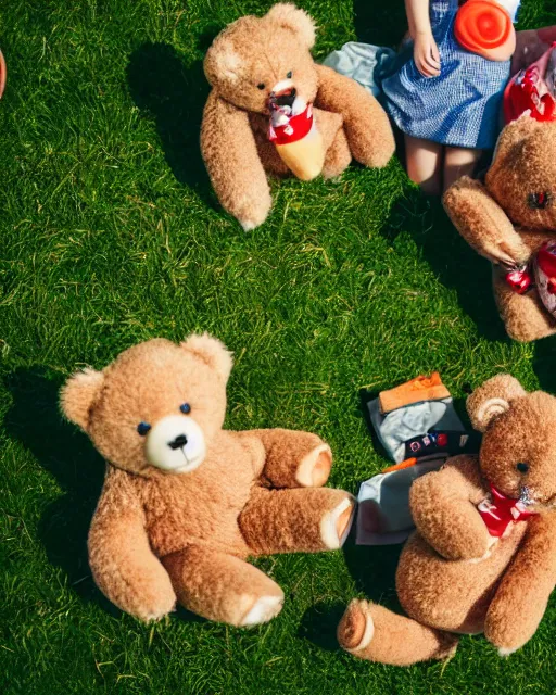 Image similar to high quality presentation photo of teddy bears having a picnic, photography 4k, f1.8 anamorphic, bokeh, 4k, Canon, Nikon