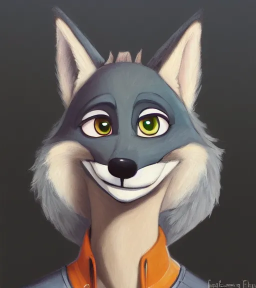 Image similar to oil painting headshot of anthromorphic female wolf, in style of zootopia, zootopia, zootopia, fursona, furry, furaffinity, 4 k, deviantart, furry art, fursona art, wearing black business suit, business suit, in style of zootopia, wolf fursona, cyberpunk, female, expressive detailed feminine face,