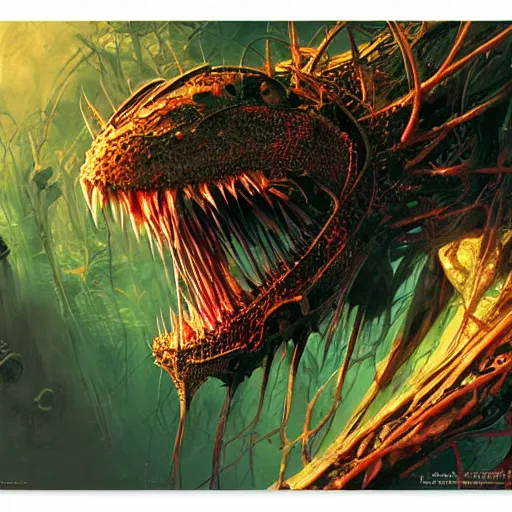 Image similar to a simple concept art portrait of a predatory robotic species. an award winning yoshitaka amano digital art poster color painting. a masterpiece by james gurney. poster colour on canvas.