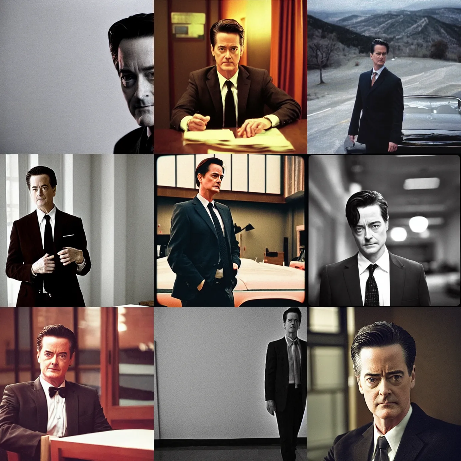 Prompt: “Kyle MacLachlan as Agent Cooper in a Moscow, 35mm, cinematography”