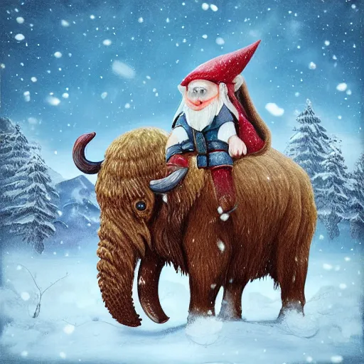 Prompt: A small gnome riding a Mammoth in a snowy landscape, photorealistic