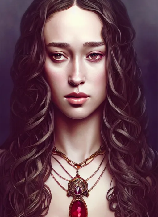 Image similar to portrait of alycia debnam - carey as a vampire lord, jewelry, greek, ruby, intricate, headshot, highly detailed, digital painting, artstation, concept art, sharp focus, cinematic lighting, illustration, art by artgerm and greg rutkowski, alphonse mucha, cgsociety