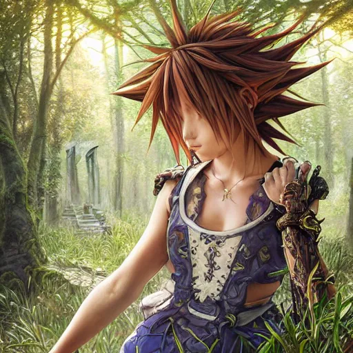 Image similar to intricate detailed portrait painting of sora from kingdom hearts a beautiful forest meadow, temple ruins surrounded by lush forest, afternoon, intricate, elegant, highly detailed, digital painting, sharp, focus, illustration art by artgerm and greg rutkowski and alphonse mucha